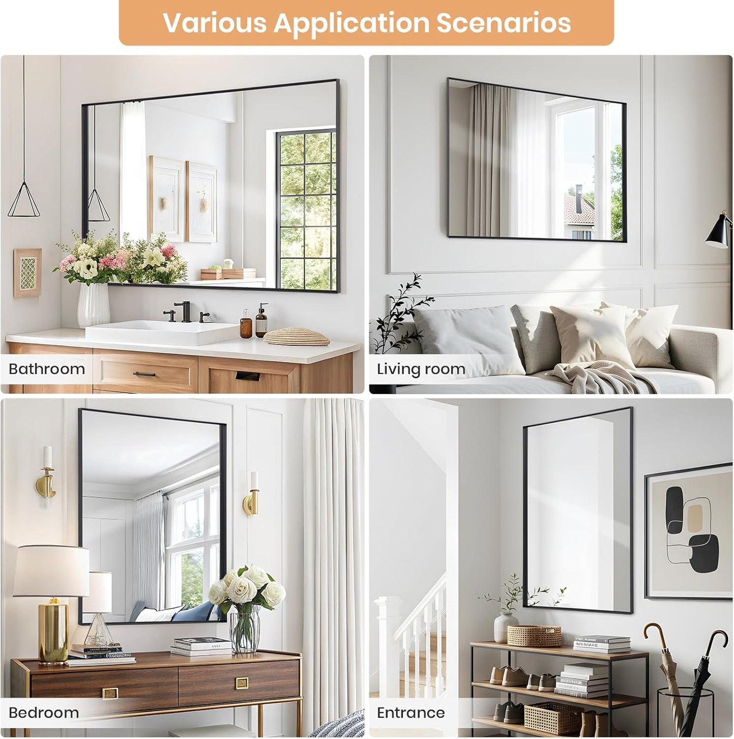 Melodieux Wall Vanity Bathroom Mirror for Over Sink, 30"x40" Rounded Rectangle Metal Deep Frame Wall Mounted Mirror Wall Decor for Living Room Hallway, Black