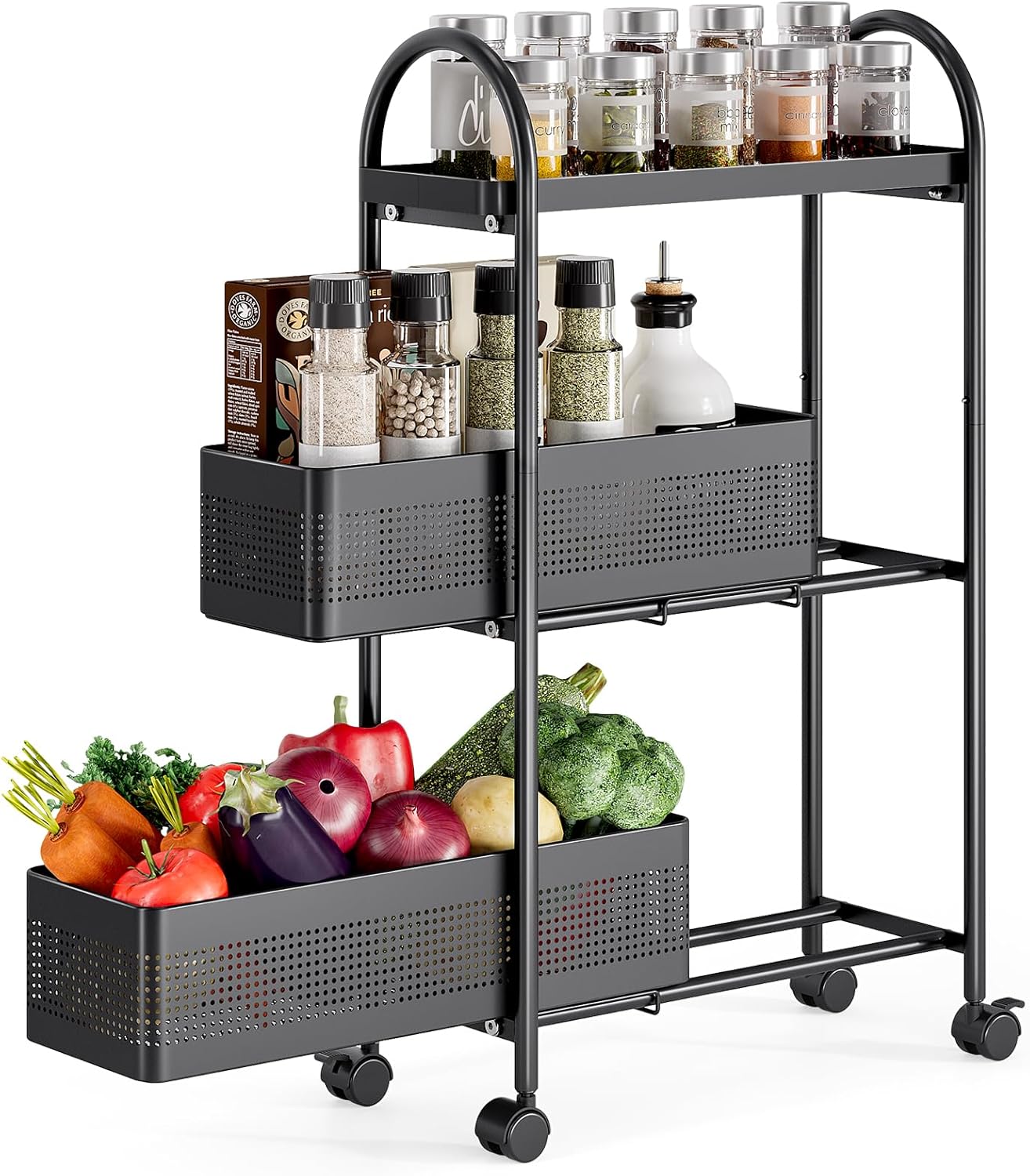 KINGRACK 3-Tier Slim Storage Cart with Pull Out Basket, Rolling Bathroom Organizer Utility, Metal Shelving Unit Slide Out, Lockable Wheels, Easy Assembly for Narrow Place, Kitchen, Laundry Room, Black