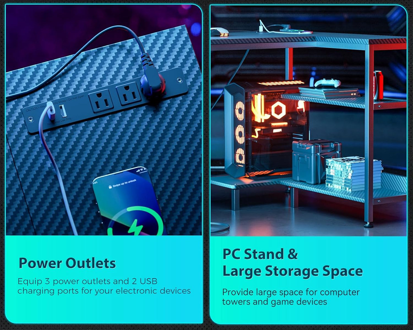 ODK 55 Inch L Shaped Gaming Computer Desk with Power Outlets, Corner Desk with Reversible Storage Shelves & PC Stand for Small Space, Modern Simple Home Office Table, Carbon Fiber Surface, Black