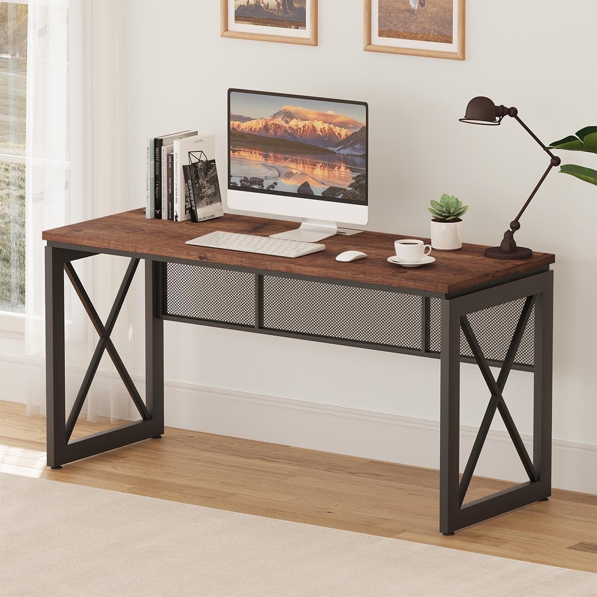BON AUGURE 60 Inch Computer Desk for Home Office, Industrial Metal Wood Desks, Farmhouse Large Writing Table, Modern Sturdy Gaming Desk (Rustic Oak)