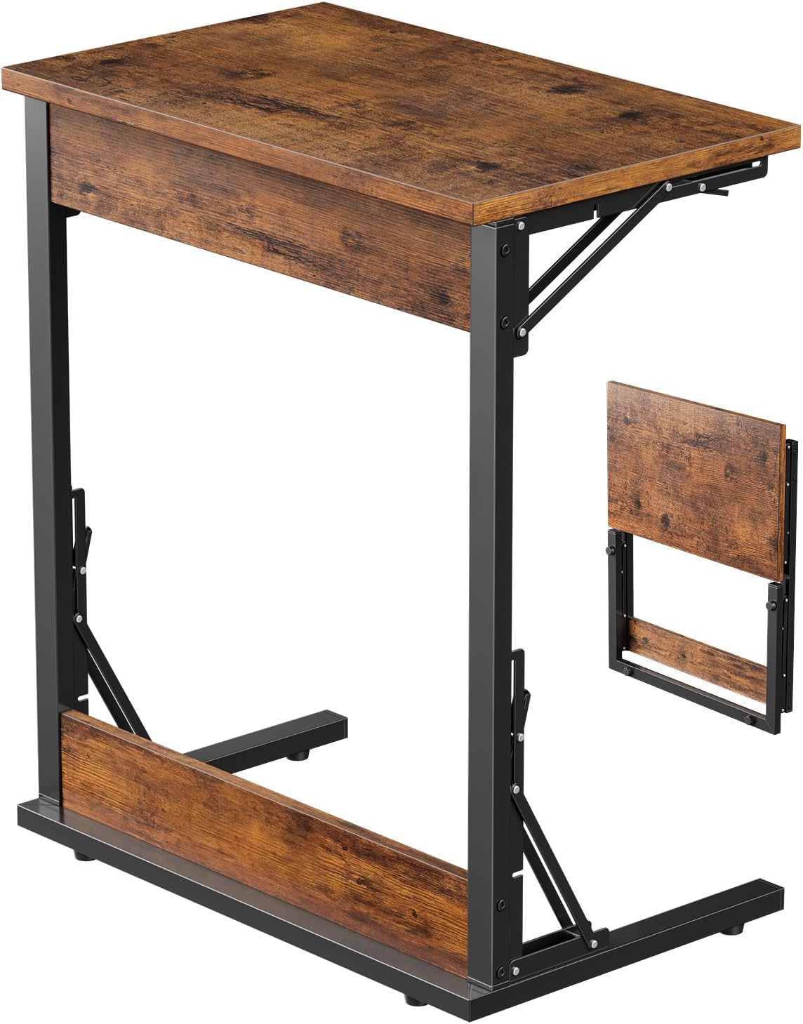 Tatub Folding TV Tray Table, 24" Wide C-Shaped End Table for Couches, Small Sofa-Side Laptop Desk with Metal Frame for Living Room, Bedroom, Rustic Brown