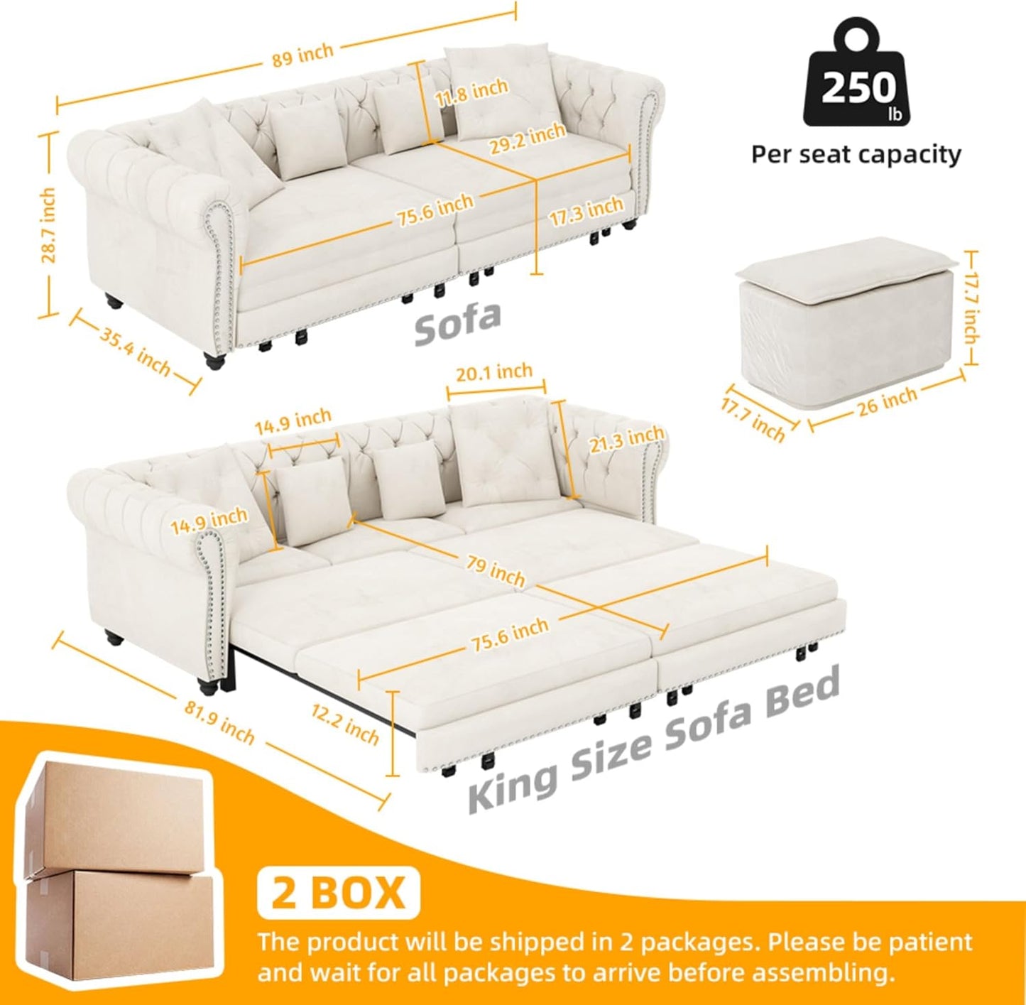 KEIKI 3-in-1 Velvet Chesterfield Sofa Bed with Ottoman, Convertible King Size Sleeper Couch, Rolled Arm Design, Comfortable 3-Seater for Living Room or Bedroom, Beige