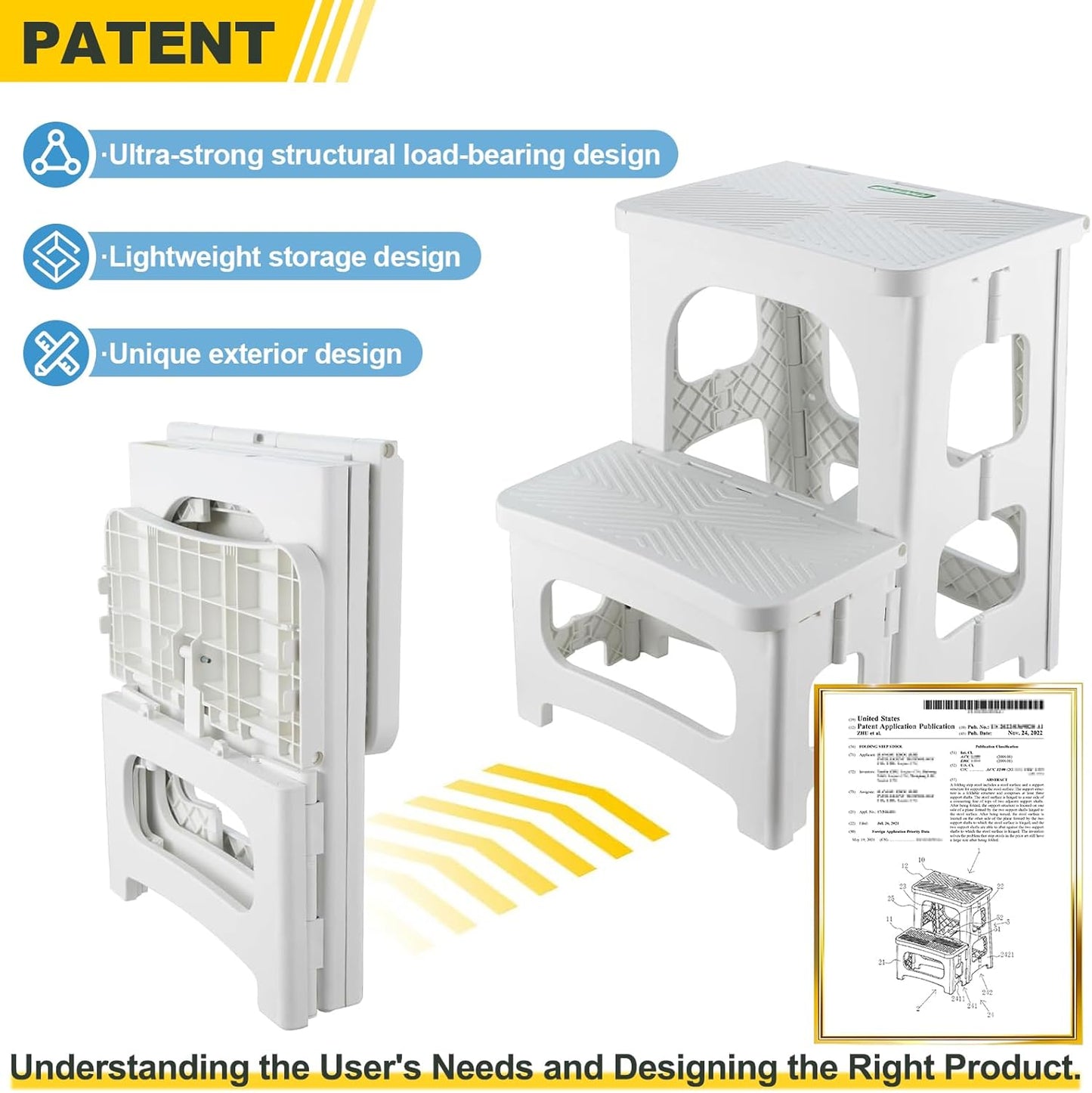 Folding 2-Step Stool for Adults Kids Non-Slip Collapsible Portable Step Stool for Kitchen Home Toilet Bedroom Office Bathroom Rv,Holds 300 Lbs(White)