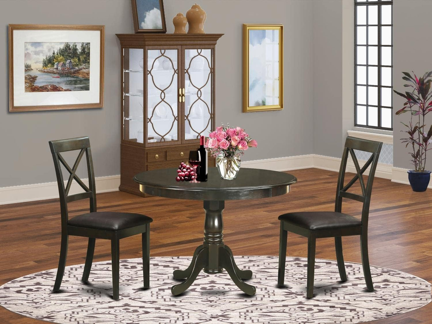East West Furniture HLBO3-CAP-LC 3 Piece Dining Table Set for Small Spaces Contains a Round Dining Room Table with Pedestal and 2 Faux Leather Upholstered Chairs, 42x42 Inch, Cappuccino