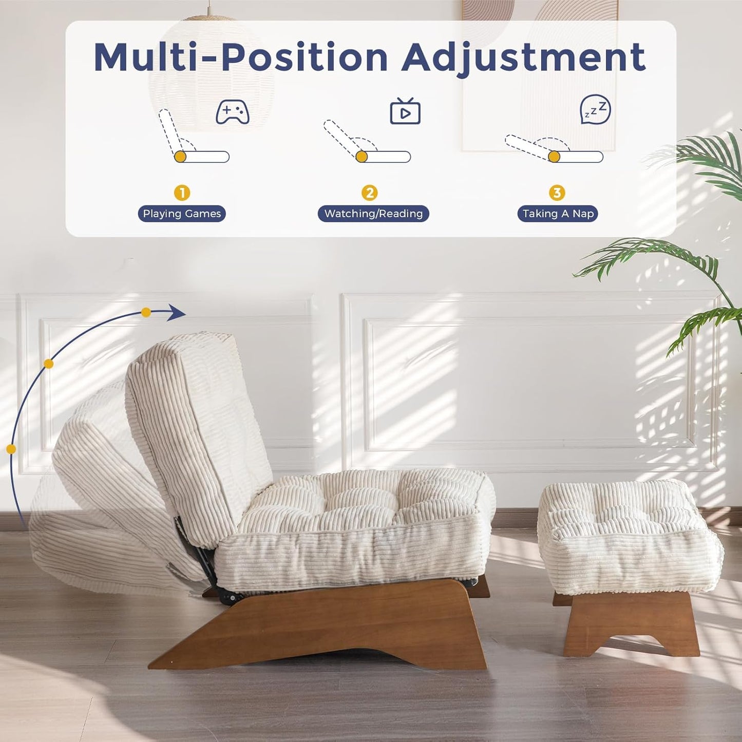 MAXYOYO Accent Chair with Ottoman Adjustable Backrest, Tufted Living Room Chair Upholstered Lounge Chair with Footrest Set, Modern Chair Cozy Reclining Chair for Reading Room, Beige