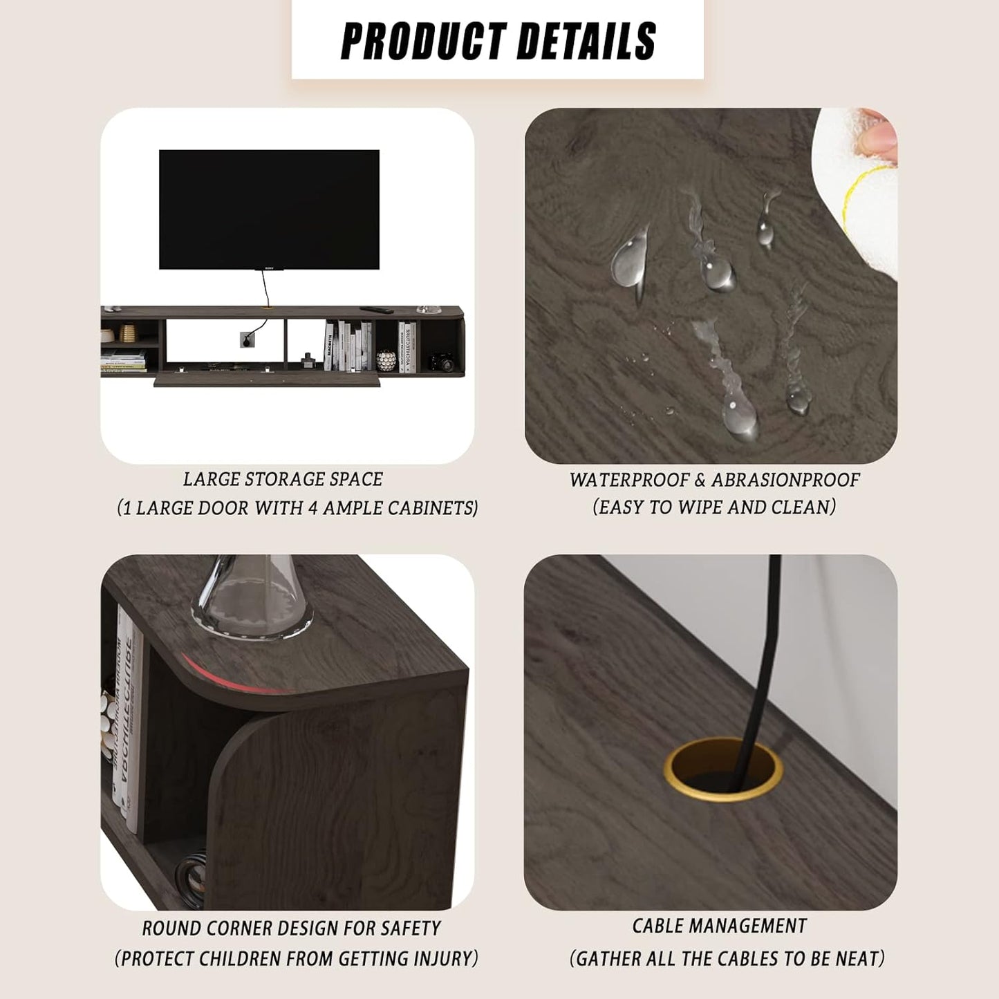 Floating TV Unit, 76'' Wall Mounted TV Cabinet, Floating Shelves with 4 Cabinets, Wood Entertainment Media Console Center Large Storage TV Bench for Living Room & Office (75.98IN, Dark Grey)