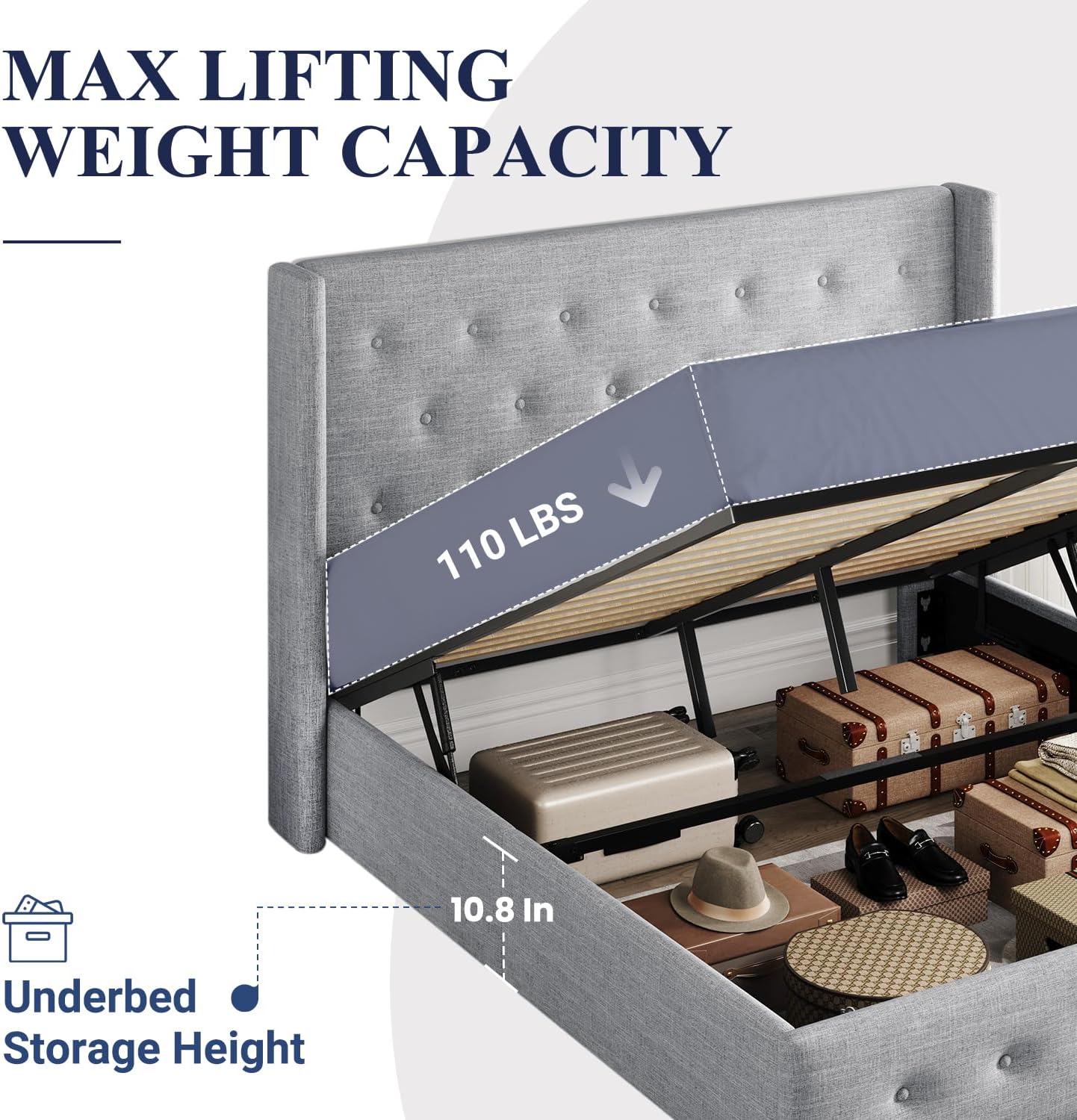 Allewie Queen Size Lift Up Storage Bed, Button Tufted Headboard with Wingback, Hydraulic Support, No Box Spring Needed, Light Grey