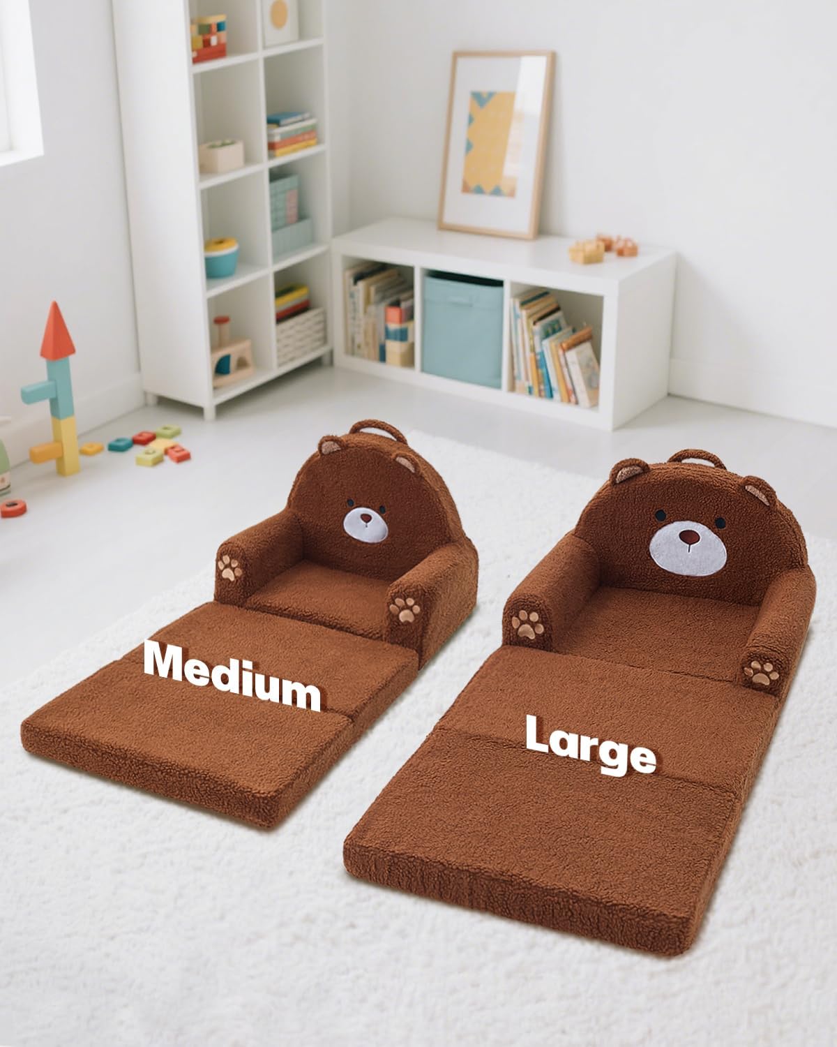 MOONBEEKI 2-in-1 Foldable Toddler Couch, Soft Sherpa Fabric with Washable Cover, Convertible Sofa to Lounger, Kids Sofa for Playroom, Bedroom, Living Room, Birthday Gift, Ages 3-6, Bear, Large