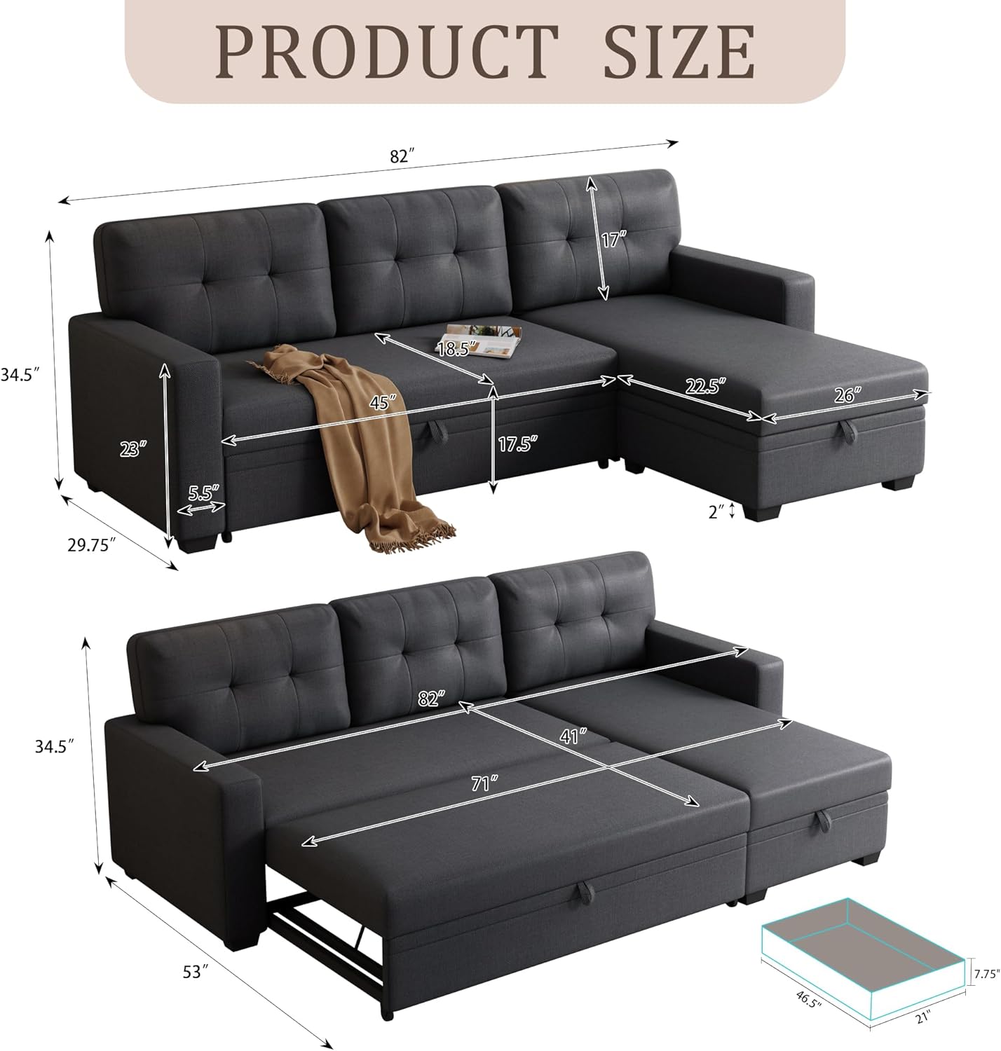 Ball & Cast Convertible Sectional Sleeper Sofa Bed L Shaped 4 in 1 Pull Out Couch with Reversible Storage Chaise & Removable Back Cushions,Sleeper Corner Pull Out Sofa Bed Couch for Living Room,Office