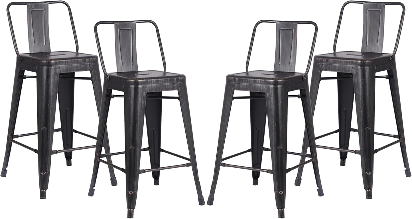 AC Pacific 24” Metal Barstool Set of 4 – Country Rustic Style with Low Back, Lightweight & Sturdy Build, Easy Assembly – Distressed Black