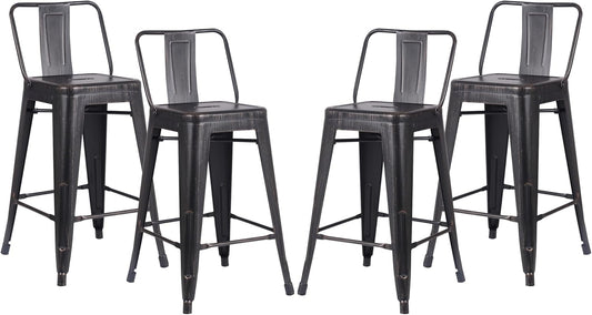 AC Pacific 24” Metal Barstool Set of 4 – Country Rustic Style with Low Back, Lightweight & Sturdy Build, Easy Assembly – Distressed Black