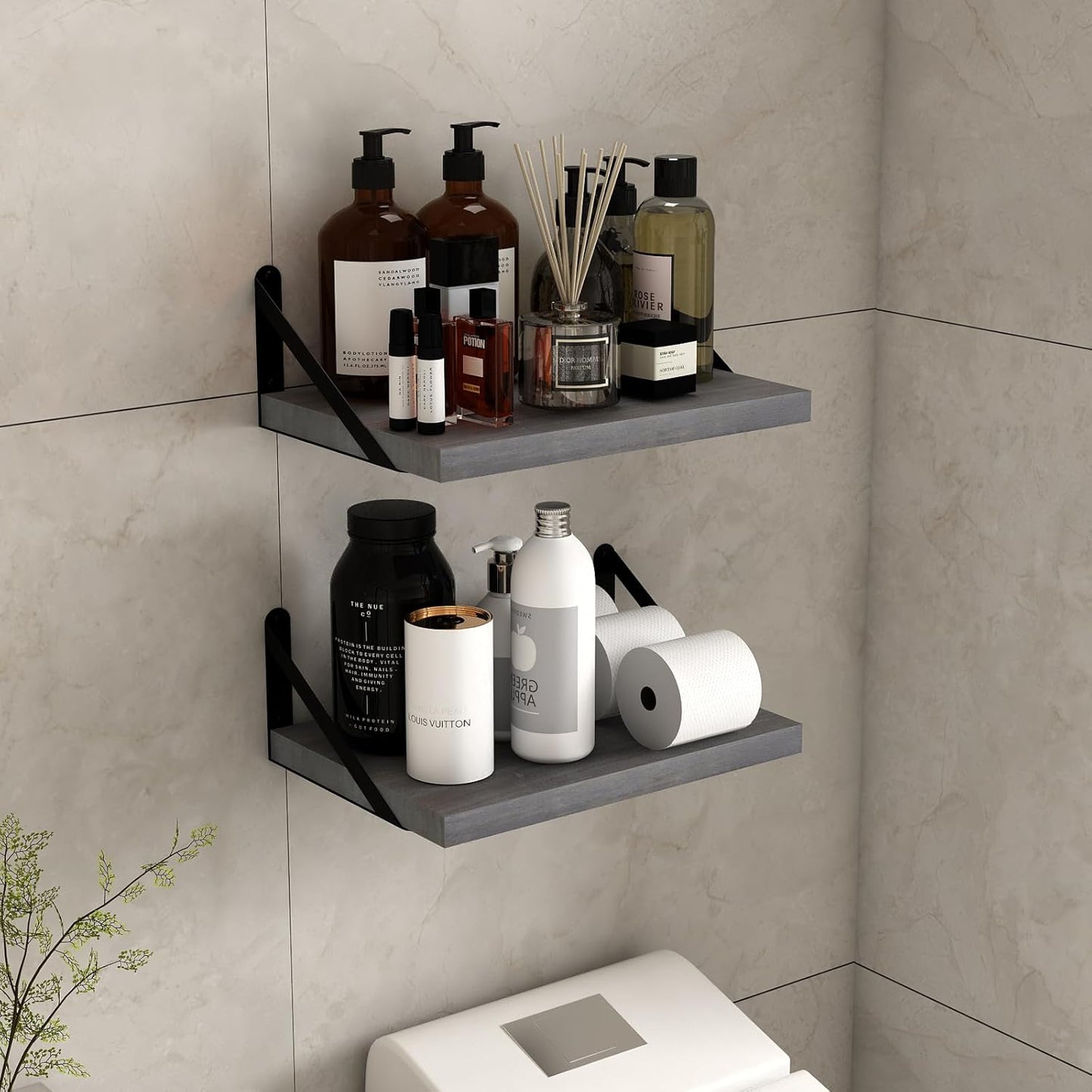 SAUMONIERES Floating Shelves Wall Bookshelf for Bedroom Bathroom Living Room Wood Wall Mounted Wide Deep Storage, Rustic Grey Wall Shelves Set of 2