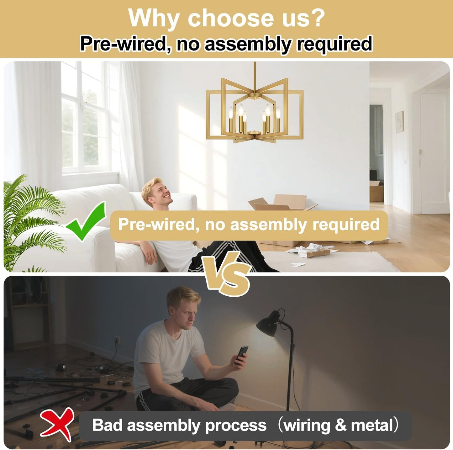 25" Modern Gold Chandelier for Dining Room (6-Light, 25-Inch), Geometric Gold Dining Room Light Fixture Over Table, Industrial Metal Hanging Pendant Lights for Kitchen Island, Entryway, Foyer