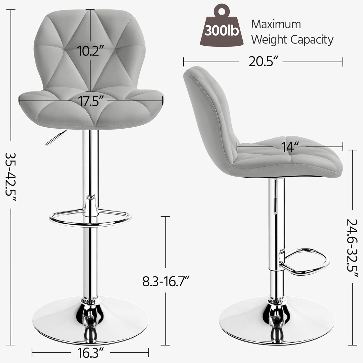 Yaheetech Bar Stools Set of 4, PU Leather Swivel Barstools, Height Adjustable Counter Stools with Backrest fot Kitchen Home Bar, Light Grey