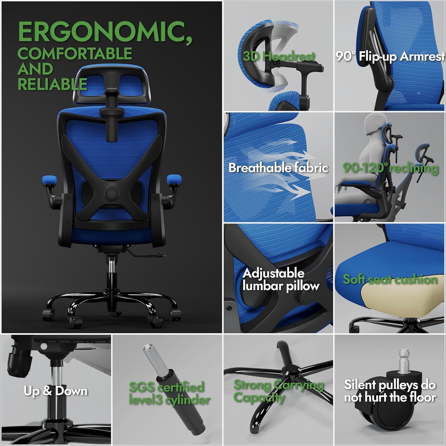 Ergonomic Office Chair - X-Shaped Computer Desk Chair Comfy, Gaming Chair, Office Chair with Lumbar Support, Mesh Office Chairs with Headrests, Desk Chair for Long Hours (Black Blue)