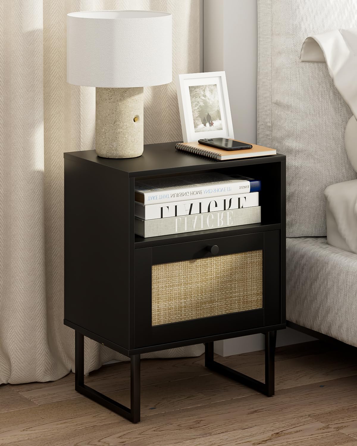 Masupu Rattan Nightstand,Modern Boho Farmhouse Wood Bedside Table with Storage Drawer and Open Shelf,Small Black Frame Side End Table for Bedroom,Living Room,Office (Black)