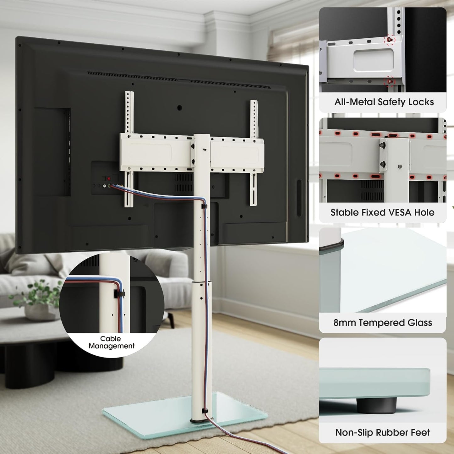 Swivel TV Floor Stand for 43-75 Inches TVs, 10 Level Height Adjustable Corner Extra Tall TV Stand Mount for Living Room/Bedroom, Holds up to 110 lbs,MAX VESA 600x400mm,White