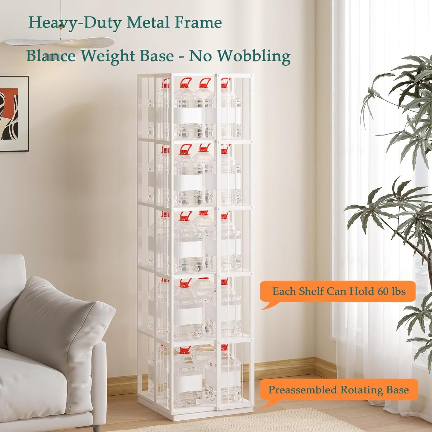 Square Rotating Bookshelf Tower - 360 Spinning Display Corner Bookcase for Narrow Space, Modern 5-Tier Revolving Storage Shelf, White