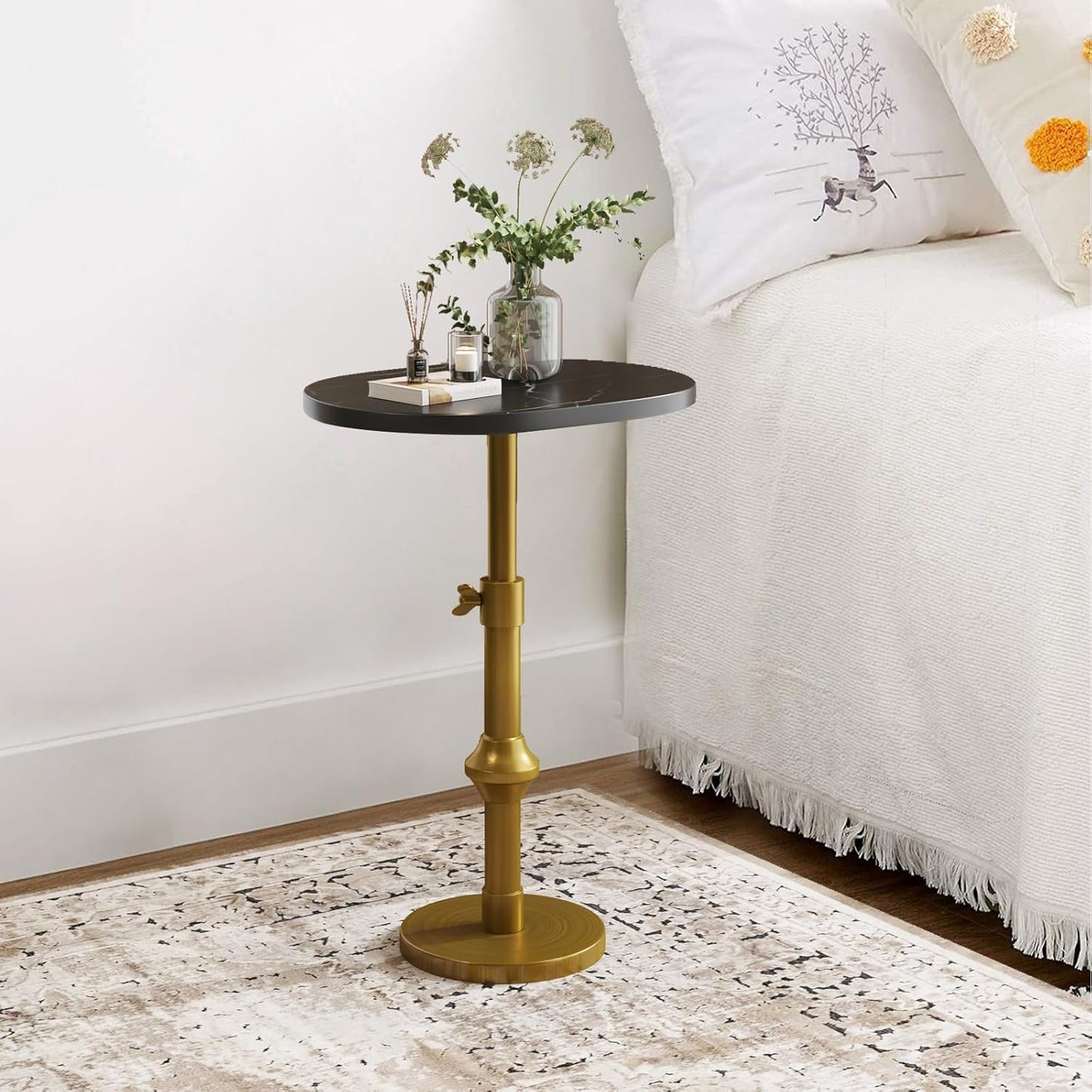 Marble Drink Table, 10"x12"x(22“~30") Martini Table with Metal Antique Brass Adjustable Stand Base, Drink Tables for Small Spaces, Living Room, Bedroom, Or Office (Black)