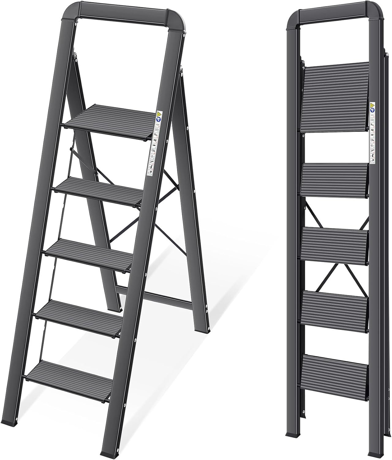 KINGRACK Aluminium 5 Step Ladder, Lightweight Step Stool with Non-Slip Pedals, Handrail, Folding Step Ladder for Kitchen, Garage, Home, Space Saving, Sturdy and Portable, Black