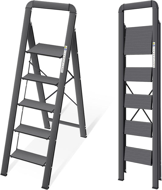 KINGRACK Aluminium 5 Step Ladder, Lightweight Step Stool with Non-Slip Pedals, Handrail, Folding Step Ladder for Kitchen, Garage, Home, Space Saving, Sturdy and Portable, Black