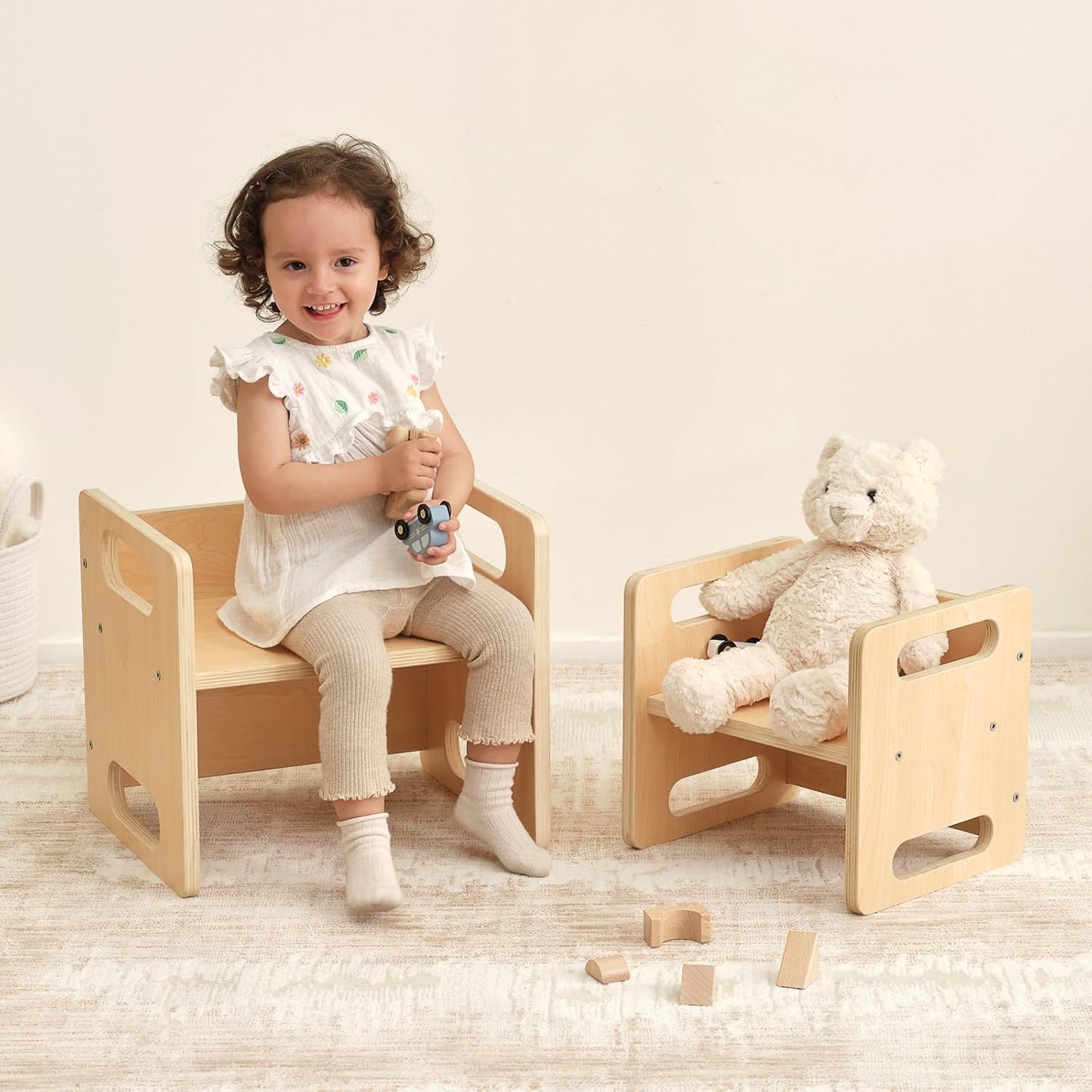 OOOK Montessori Weaning Table and Chair Set, Kids Activity Table and Chair Set with Fence for Read, Play Toys, Snack Time, Step Stool, 1-3 Year Old Kids Montessori Furniture
