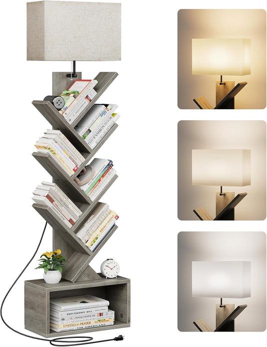 6 Tier Tree Bookshelf with Light, Narrow Bookcase Tower, Tall Floor Standing Book Shelf Organizer with Storage Cabinet for Living Room, Bedroom and Home Office, Gray