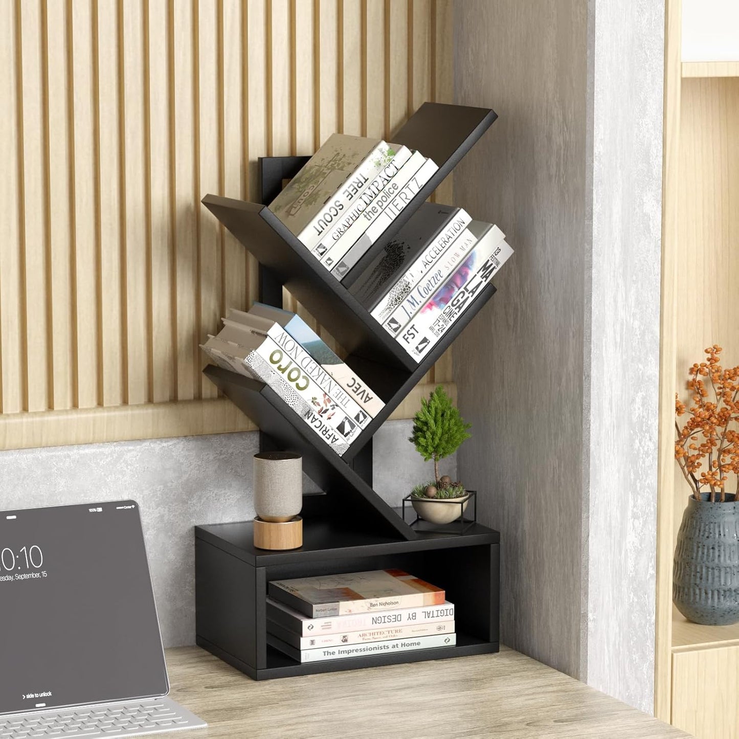 Small Tree Book Shelf,5 Tier Black Tree Bookshelf,Black Desktop Bookcase,Modern Desk Display Storage Bookshelves,Floor Standing Organizer Bookcases for Living Room,Bedroom,Office