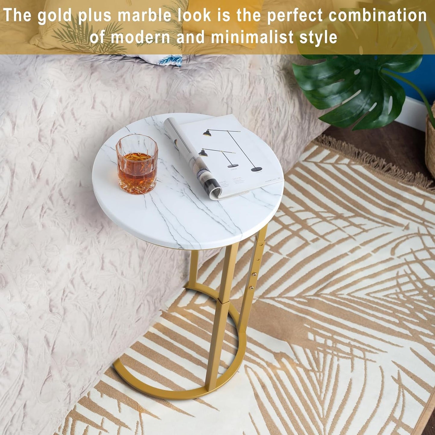 Serteaw C-Shaped End Table, Sturdy Side Table for Couch Sofa Bedside Small Space,C Snack Table TV Tray Record Player Stand Small Tables for Living Room Bedroom,Easy to Assemble,Gold