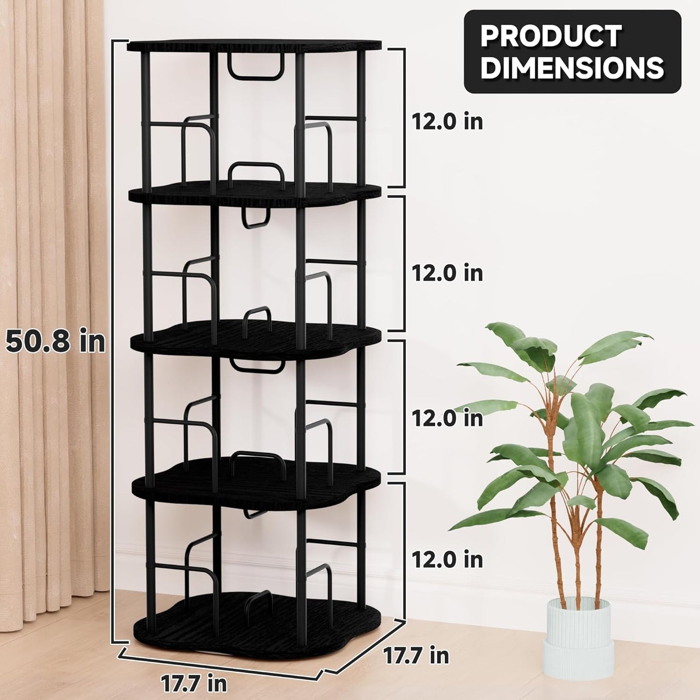 4-Tier Rotating Book Shelf, 360° Display Spinning Bookshelf Tower, Book Organizer, Floor Standing Bookcases for Small Space, Corner Book Shelf for Bedroom, Living Room, Study Room (Black)