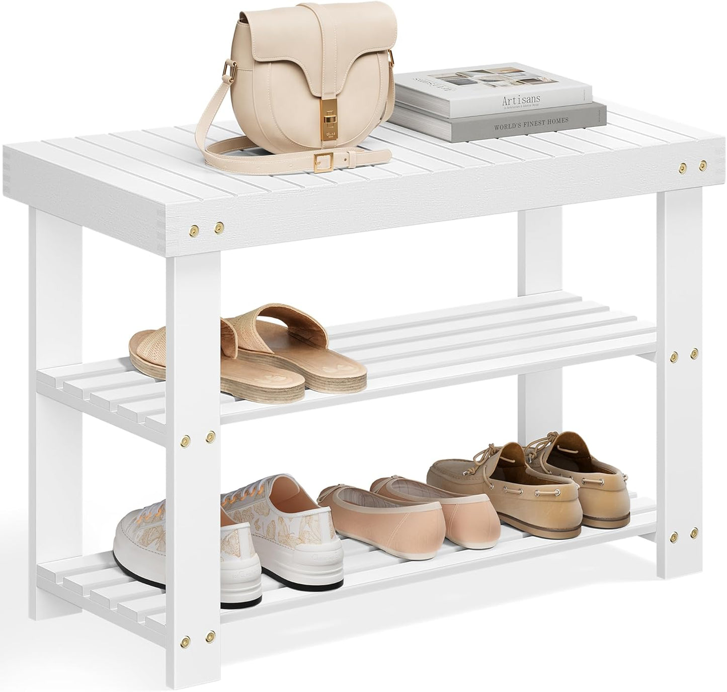 SONGMICS Shoe Rack Bench, 3-Tier Bamboo Shoe Storage Organizer, Entryway Bench, Holds Up to 286 lb, 11.3 x 27.6 x 17.8 Inches, for Entryway Bathroom Bedroom, Cloud White ULBS004W01
