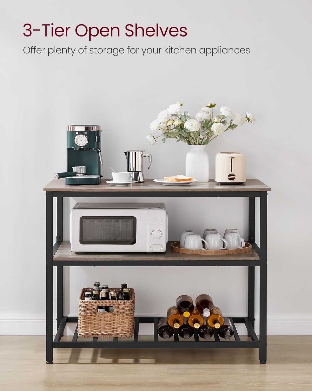 VASAGLE Kitchen Island with 3 Shelves, 39.4 Inches Width Kitchen Shelf with Large Worktop, Stable Steel Structure, Industrial, Easy to Assemble, Greige and Black UKKI005B02