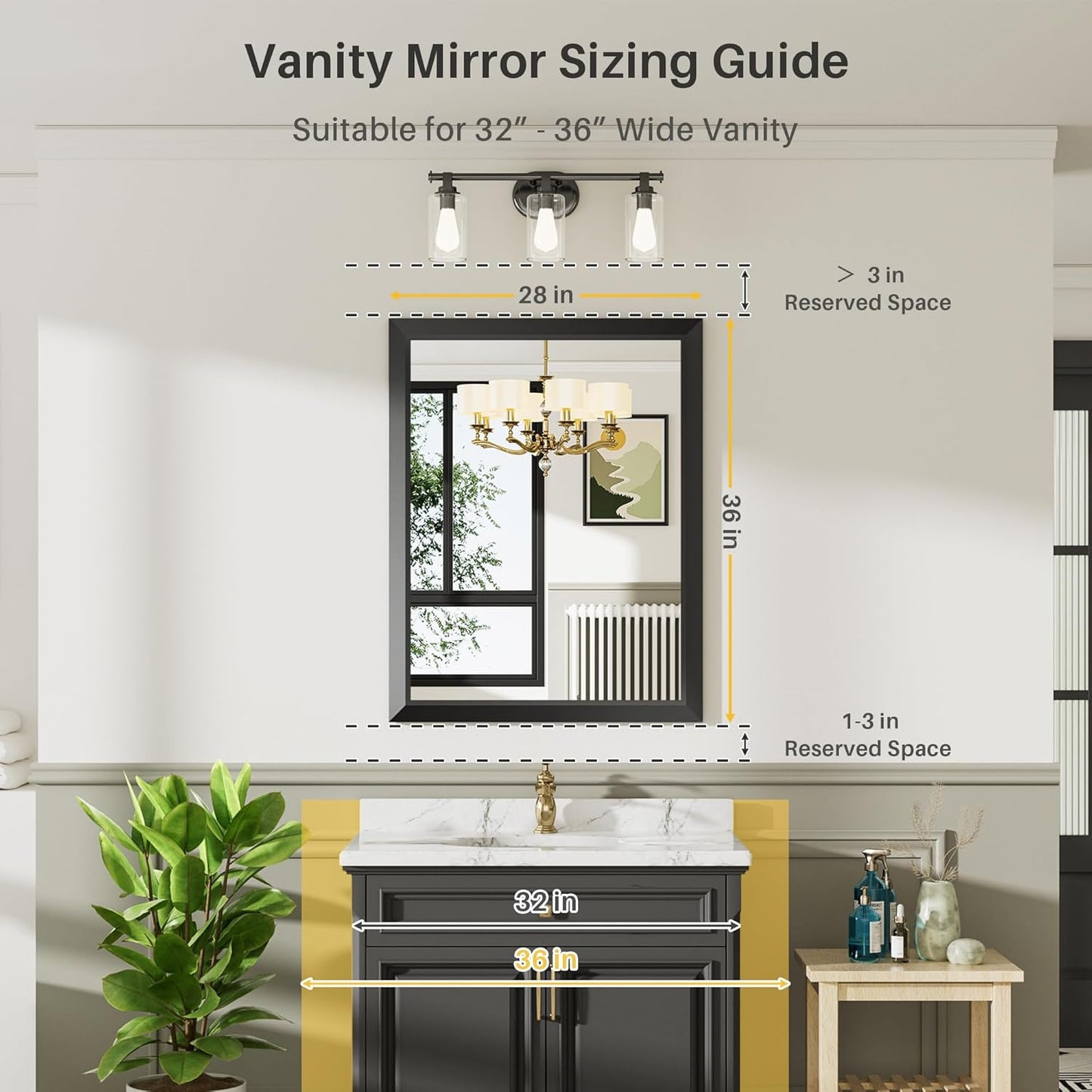 28x36 Inch Black Bathroom Mirror for Wall, Thick Metal Framed Rectangle Mirrors for Over Sink, Bedroom, Living Room, Entryway, Anti-Rust, HD Tempered Glass