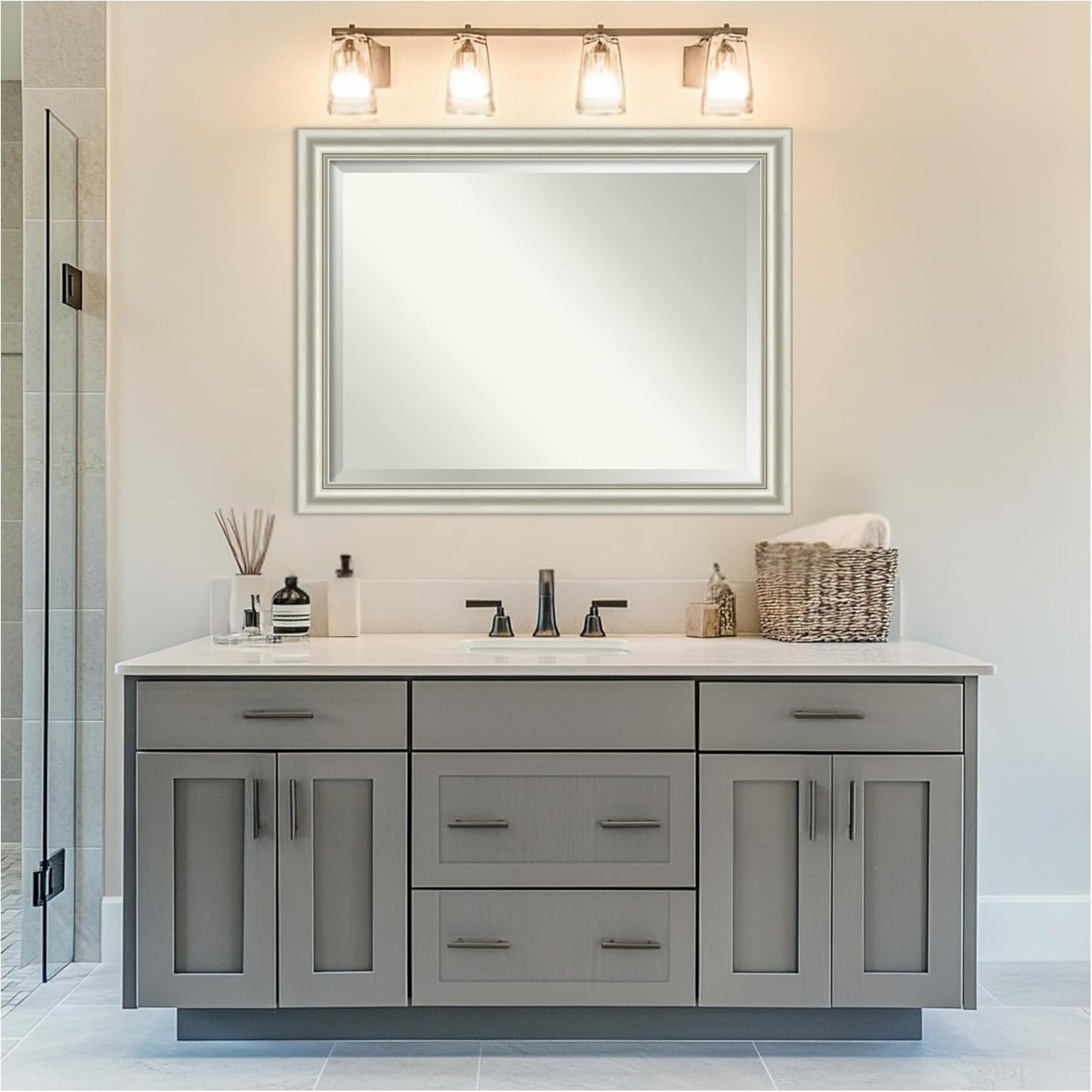 Amanti Art Bathroom Mirror for Over Sink, 36x46 Sophia Silver Rectangle Vanity Mirror, X-Large Traditional Frame, Hangs Horizonally and Vertically, Bathroom Wall Decor, Beveled Edge