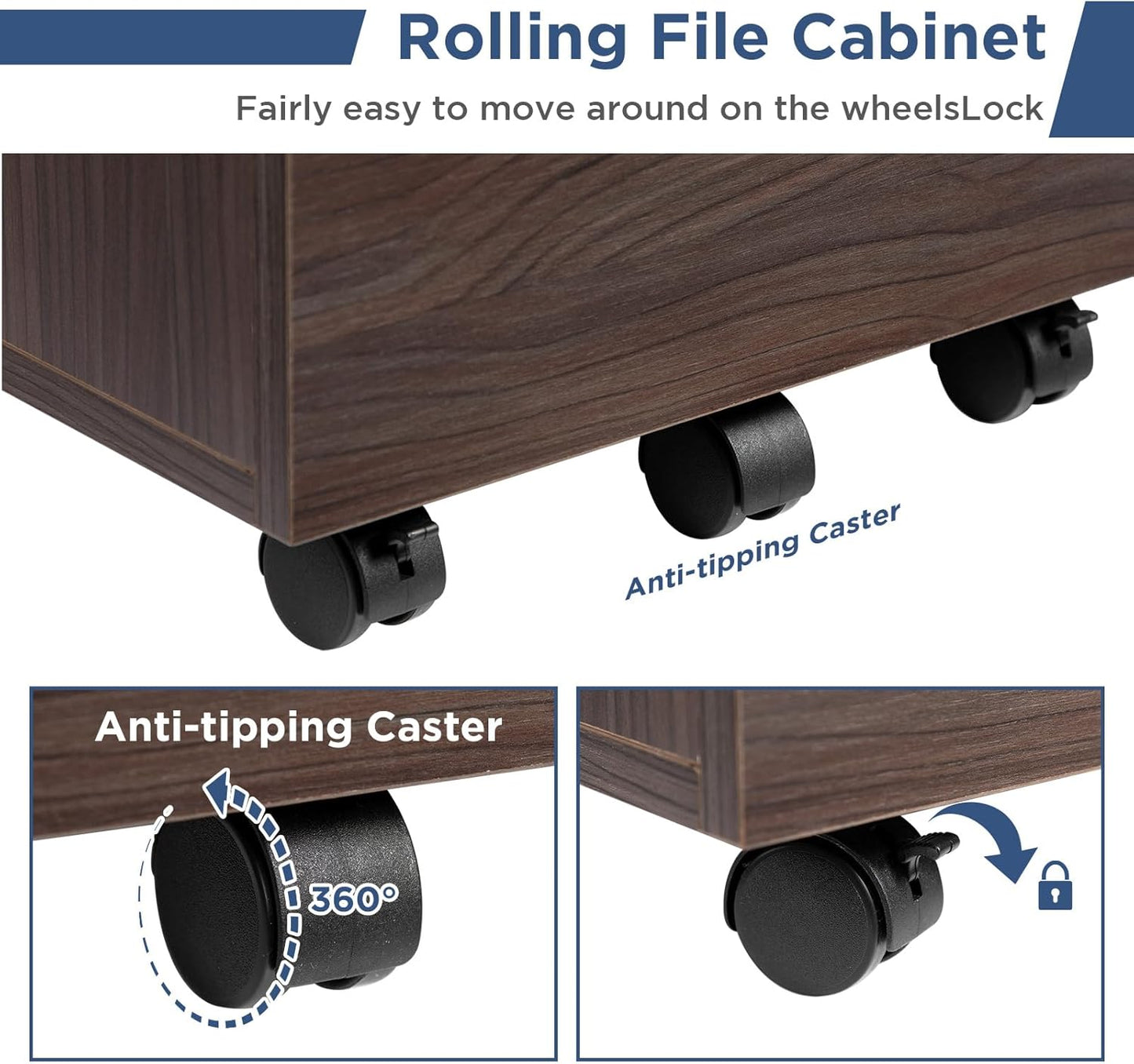 HollyHOME Under Desk Cabinet, Deep 2-Drawer Mobile Wood Cabinet, Storage Drawer for Home, Rolling Shelf for Office, Rolling Printer Stand, for A4, Modern, Dark Brown