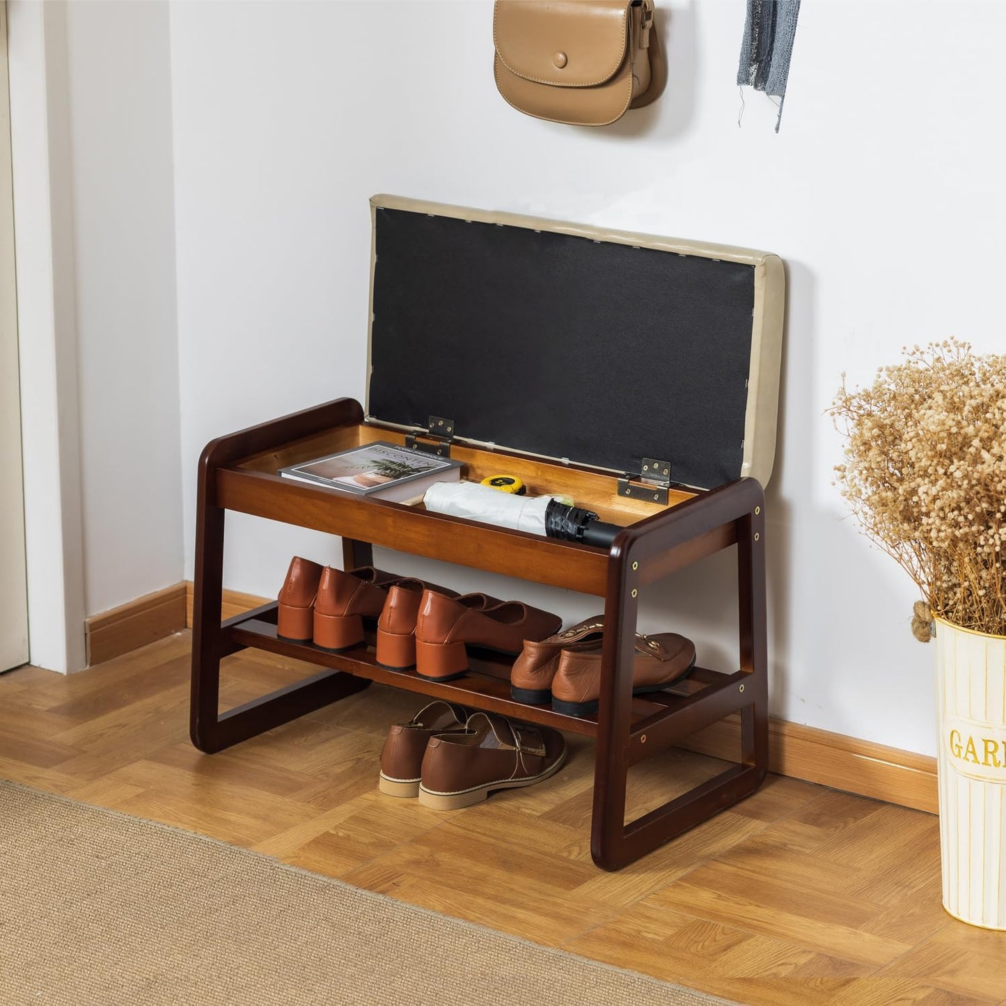 Solid Wood Shoe Bench, 2-Tier Entryway Bench with Cushion and Flip-Open Storage Box, Mid-Century Modern Shoe Bench Rack for Hallway, Mudroom(Gray, 21.65'')