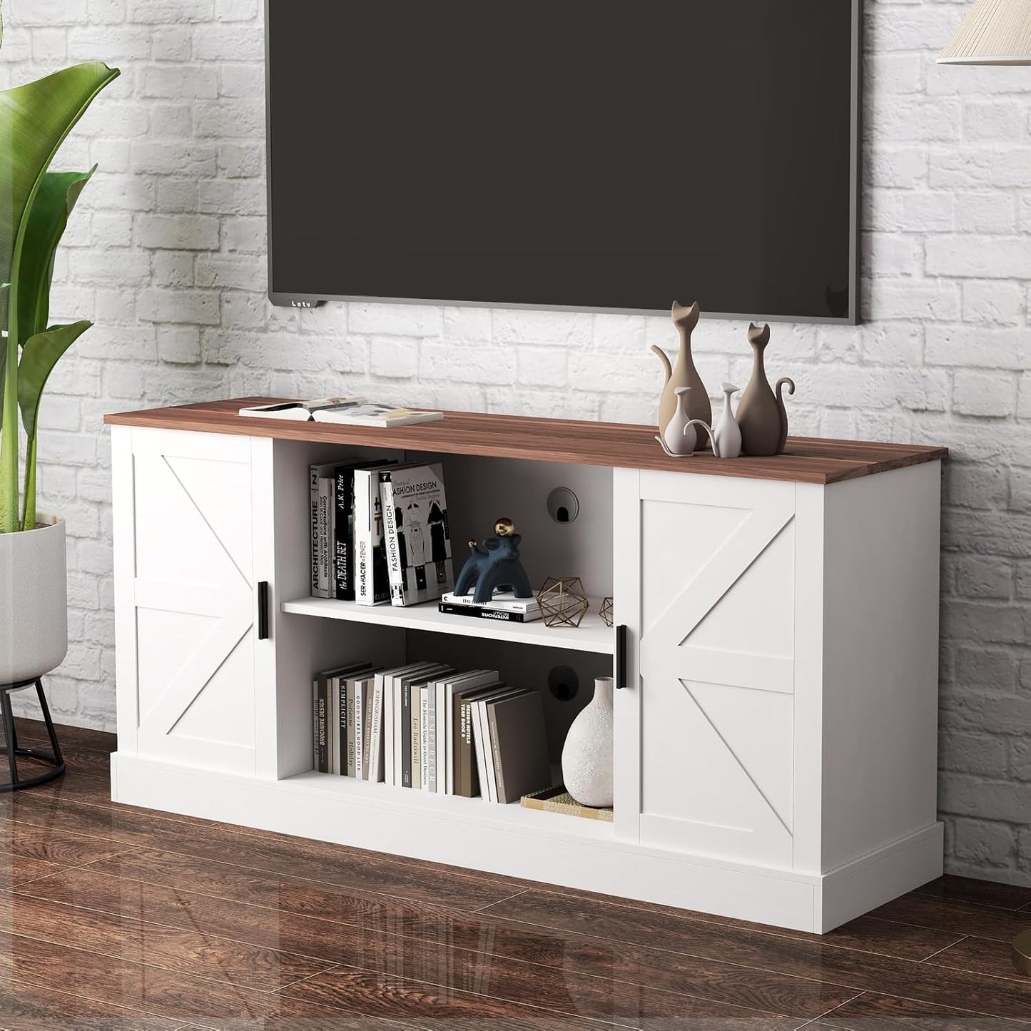 HollyHOME Farmhouse TV Stand for Televisions up to 65”, Wood Entertainment Center with Storage Cabinets and Adjustable Shelves, Media TV Console Table for Living Room and Bedroom, White