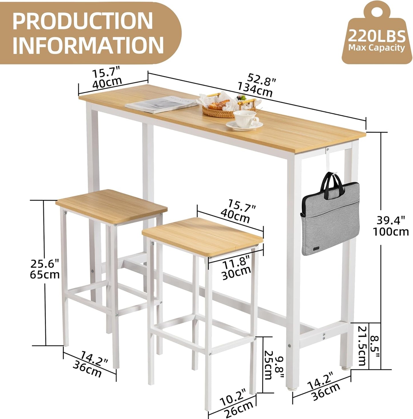 Finnhomy 52.7" Industrial Bar Table Set with 2 Stools - Counter Height Dining & Pub Table for Small Spaces, Kitchen, Apartment, Breakfast - Metal & Wood, Space-Saving Furniture - Oak Beige and White
