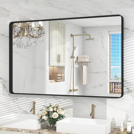 48x30 Black Bathroom Wall Mirror, Black Matal Framed Mirror, Matte Rectangle Bathoom Vanity Mirror, Anti-Rust, Shatterproof, Hangs Vertically or Horizontally