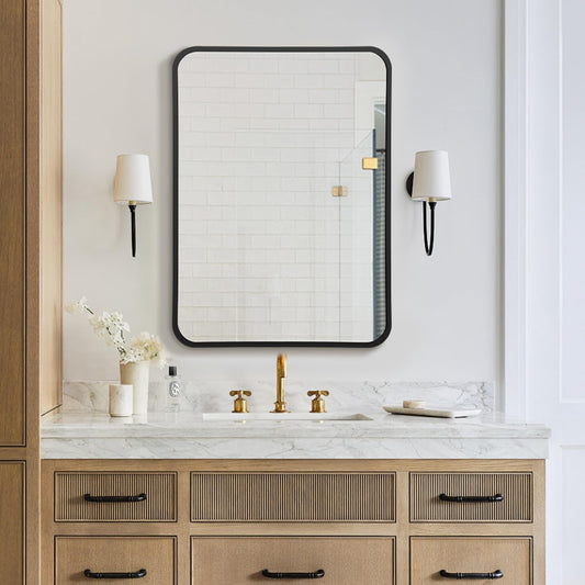 20x28 Rounded Rectangle Bathroom Mirrors for Over Sink, Black Vanity Mirror with Metal Frame Wall Mounted, Modern Farmhouse Mirror for Restroom, Bedroom, Entryway Decor