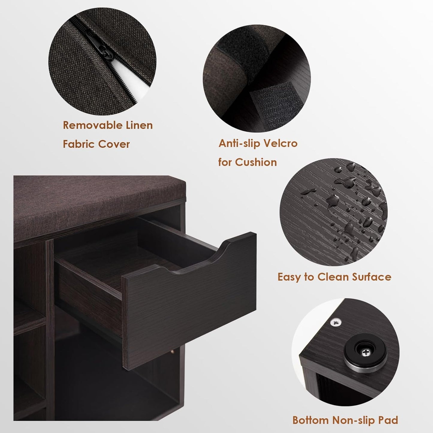 DINZI LVJ Shoe Bench,Entryway Storage Bench with Drawer and 8 Cubbies,Cubby Rack Adjustable Shelves,Shoe Organizer Cabinet for Living Room,Bedroom,Mudroom,Closet Garage,Espresso