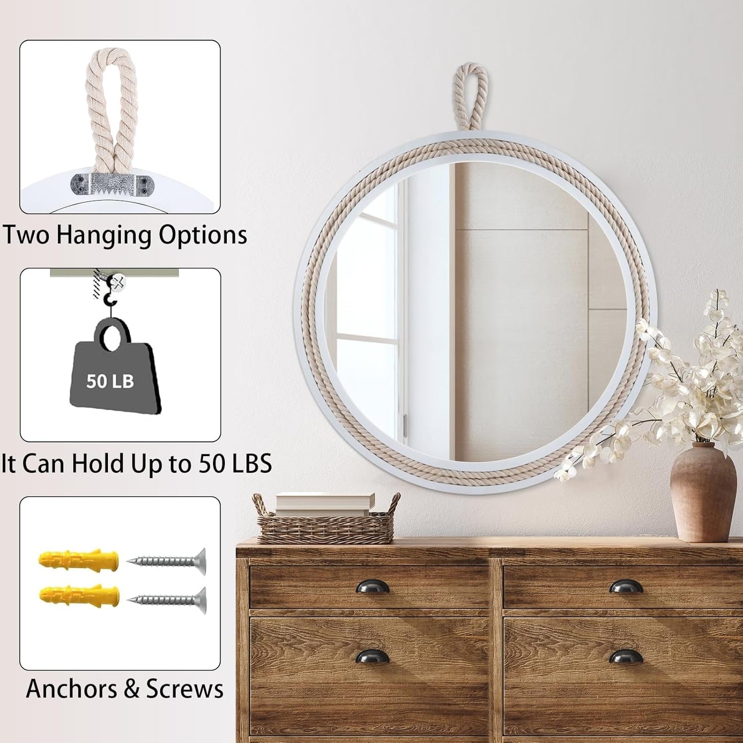 Nautical Round Wall Mirror with Rope 20'' White Circle Hanging Mirror Nursery Coastal Beachy Wall Mirror Decorative Mirror for Bathroom,Livingroom,Entryway-Nautical Theme Décor