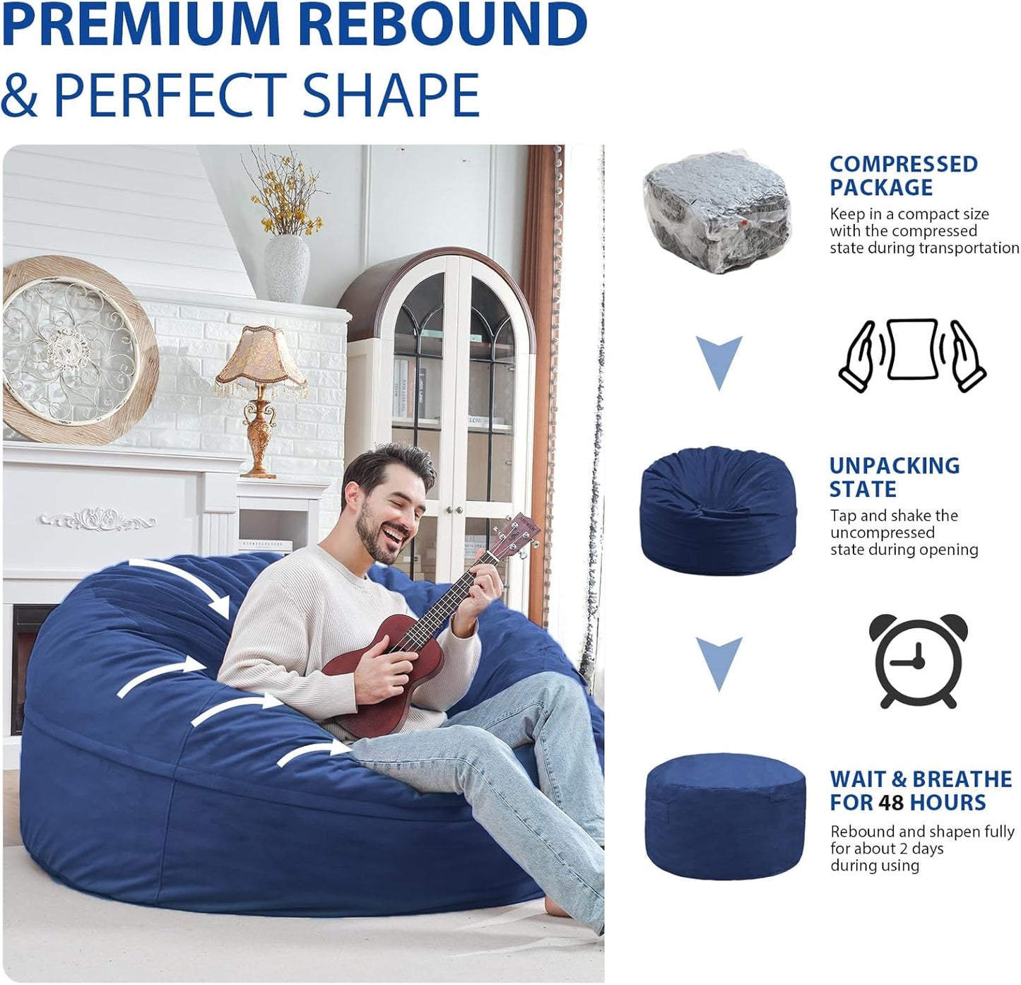 5FT Bean Bag Chair, Large Bean Bag Chairs with Memory Foam Filled, Fluffy Beanbag Sofa with Dutch Velvet Cover, Round BeanBag Chairs for Living Room, Playroom - Blue