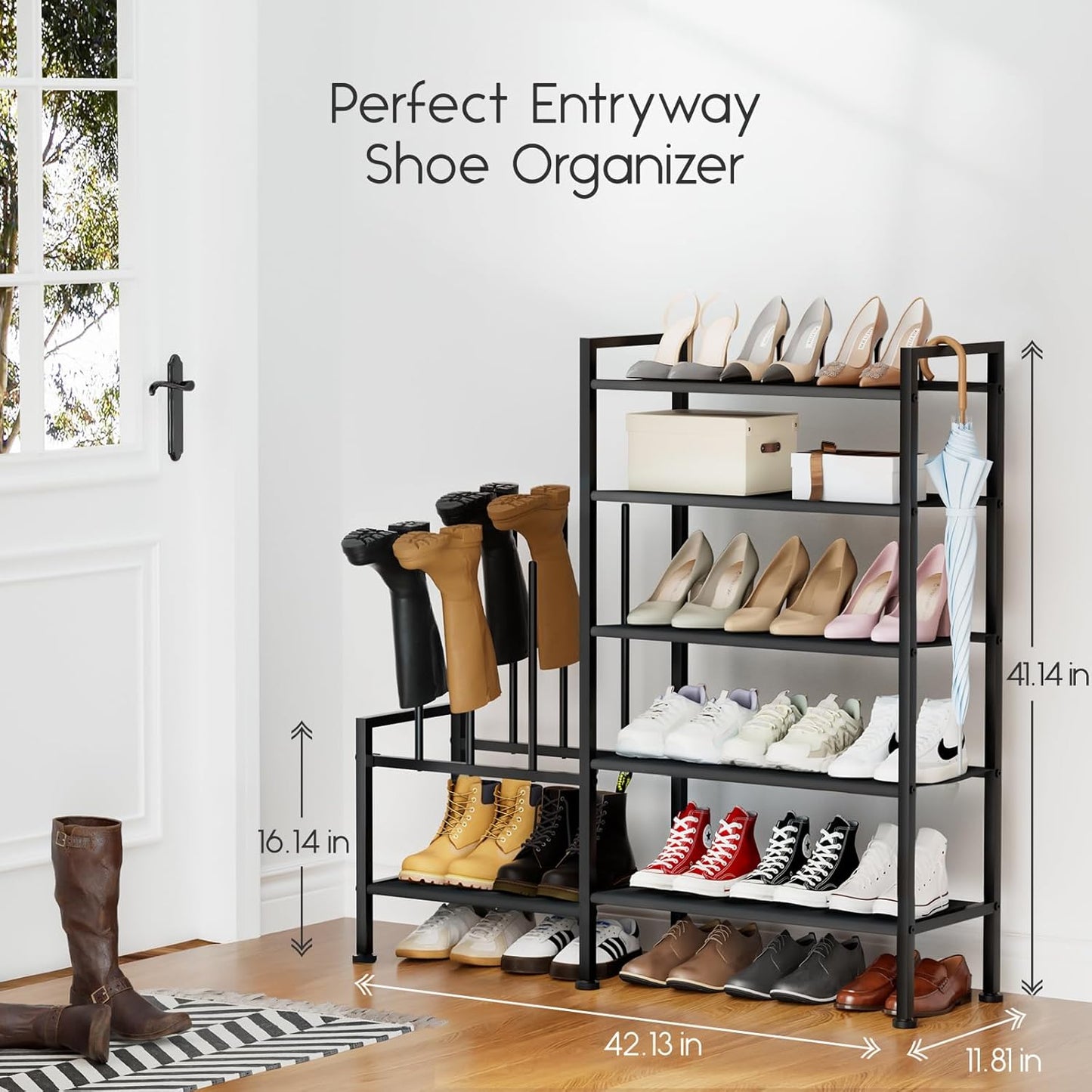 Shoe Rack Organizer and Storage - 5 Tier Metal+Non-woven Fabric Shoe Rack with Boot Storage & Side Any Combination - Space Saving Shoe Shelf for Entryway, Bedroom, Garage, Small Spaces