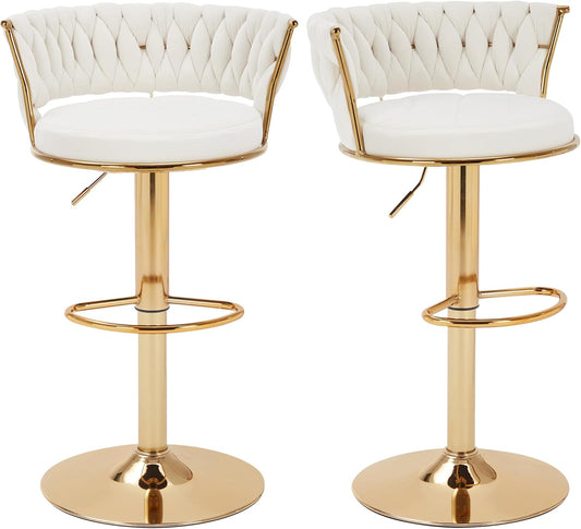 VECELO Bar Stools Set of 2, Adjustable Barstools Counter Height Stools with Back and Arm, Velvet Woven Kitchen Island Stools w/Gold Metal Leg & Base, 360° Swivel Bar Chair for Pubs Dining Room, White