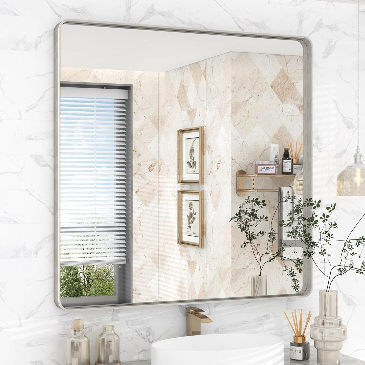 36x36 Inch Brushed Nickel Bathroom Mirror, Square Brushed Silver Metal Framed Wall Mirror, Rounded Corner Rectangle Modern Vanity Mirror, Tempered Glass, Anti-Rust, Shatterproof (Horizontal/Vertical)