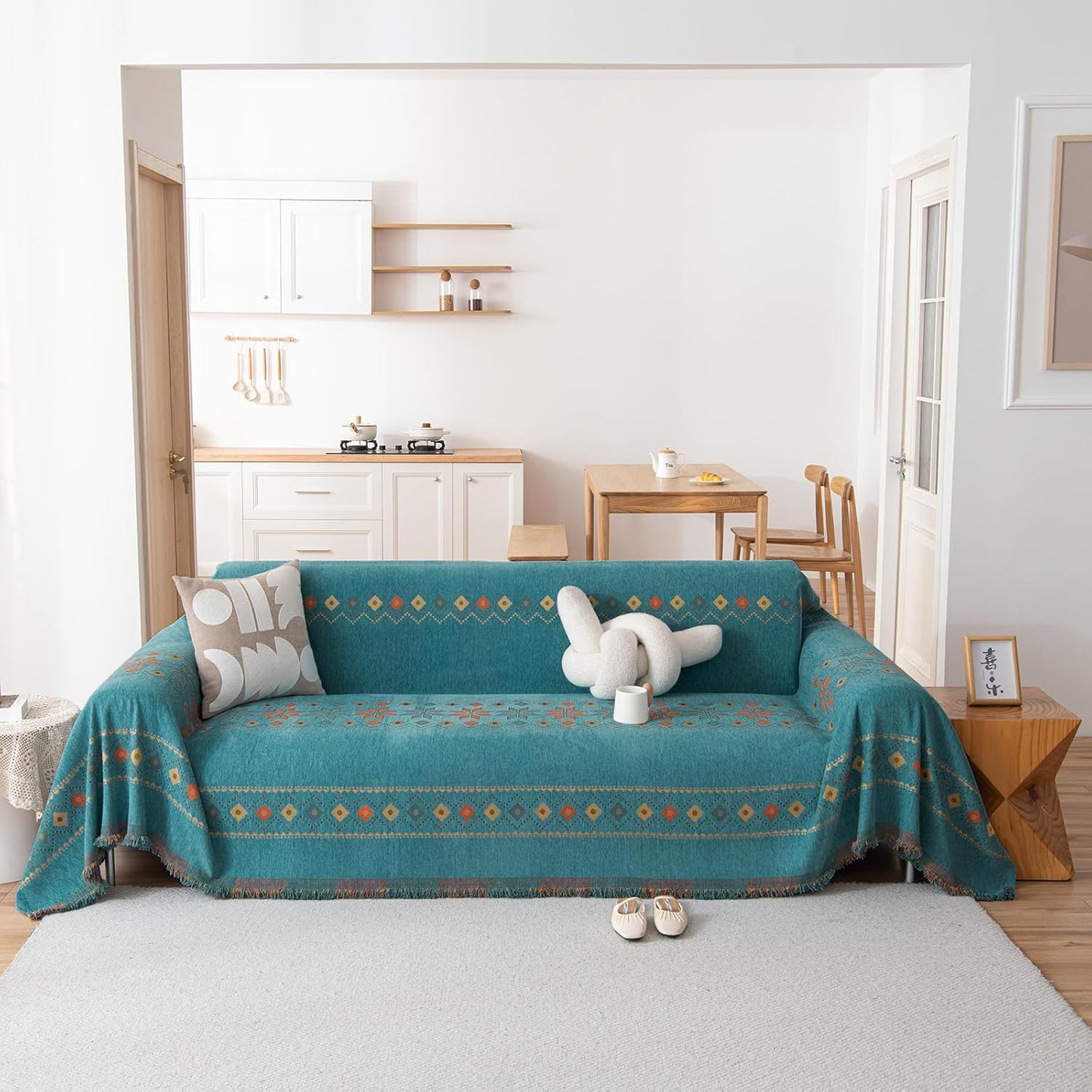 STACYPIK Green Jacquard Couch Cover Chenille Boho Sofa Covers for 3 Cushion Couch Reversible Tassels Sofa Seat Cover Blankets Scratch Proof Couch Protector Loverseat Futon Cover for Sectional-71X134IN