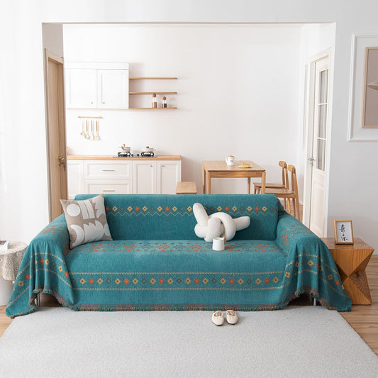 STACYPIK Green Jacquard Couch Cover Chenille Boho Sofa Covers for 3 Cushion Couch Reversible Tassels Sofa Seat Cover Blankets Scratch Proof Couch Protector Loverseat Futon Cover for Sectional-71X134IN