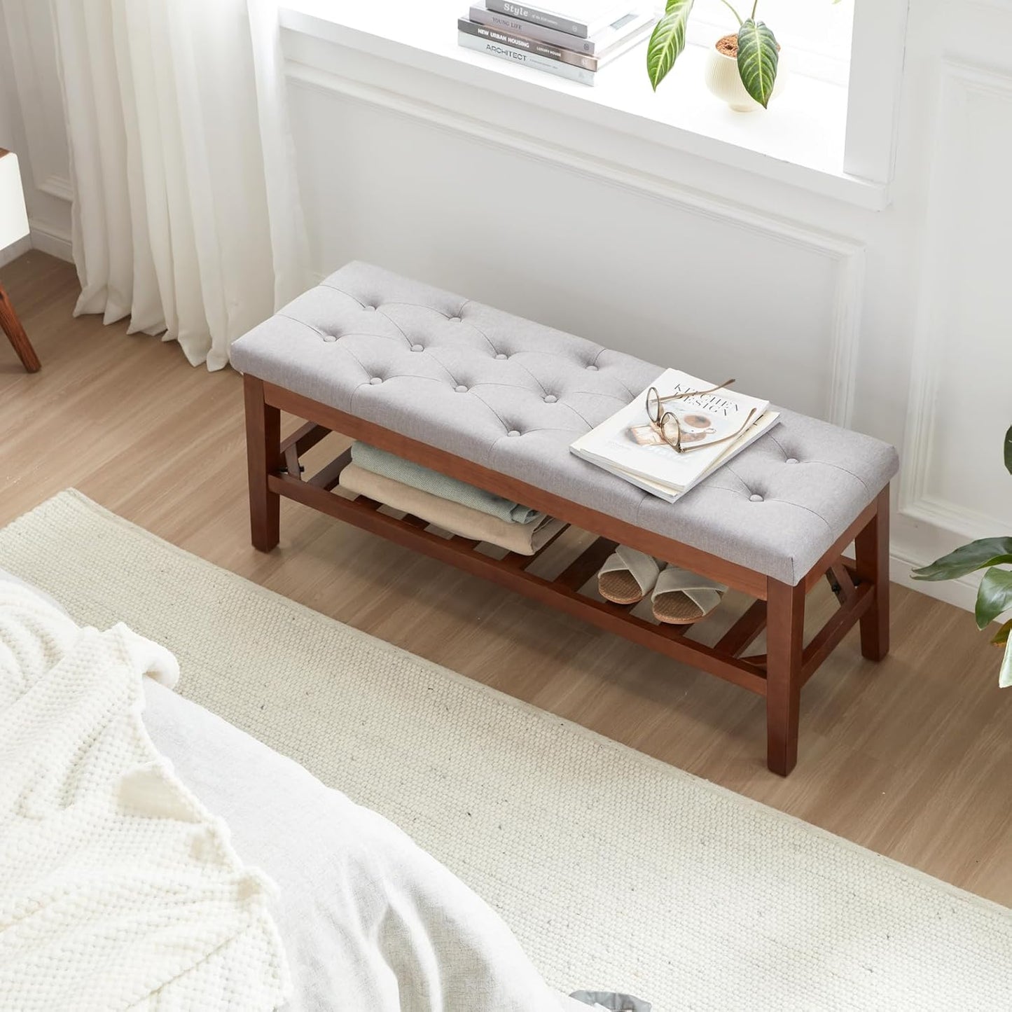 Upholstered Shoe Bench Entryway Bench for Bedroom, End of Bed, Ottoman Bench Tufted Padded Seat with Solid Wood Shelf for Living Room, Linen Ash Gray