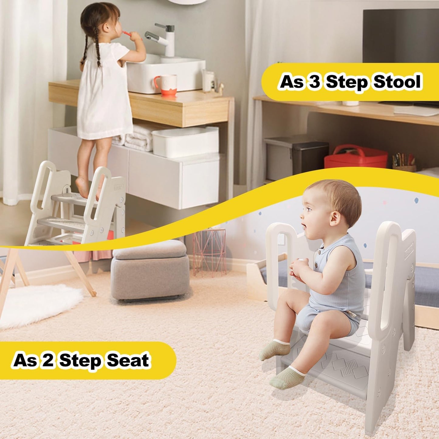 Kids Step Stool for Bathroom, Non-Slip Toddler Step Stool Kitchen Helper, 150lbs Load Bearing Foldable Toddler Tower for Kitchen Counter, Kids Stool for Bathroom Sink